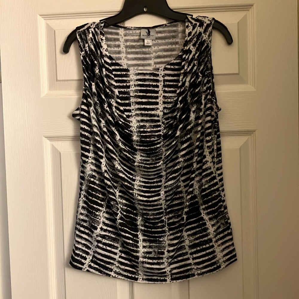 Worthington Stretch Sleeveless Dress Top - Size Large - White Black Grey Print